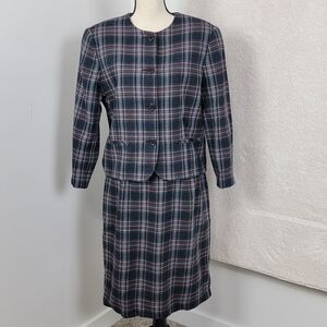 Charter Club Women's 12/14 Vintage 100% Wool Classic Retro Navy Plaid Skirt Suit